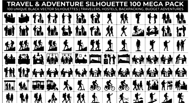 Travel and adventure silhouette 100 mega pack, black vector silhouettes of travelers and backpackers, hostel and budget adventure icons