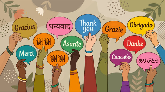 Diverse Hands Holding Speech Bubbles with 'Thank You' in Multiple Languages, Flat Vector Illustration, Global Communication Concept