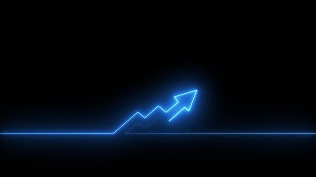 Glowing blue neon financial growth arrow chart rising on dark background