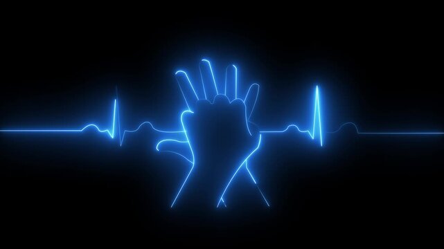 Neon cpr chest compression animation with ekg heartbeat monitor line for medical emergency training