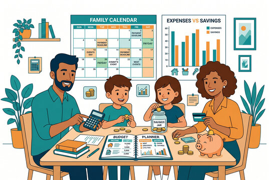 Illustration d'une famille g&eacute;rant son budget familial, &eacute;pargne et finances personnelles, design plat moderne
