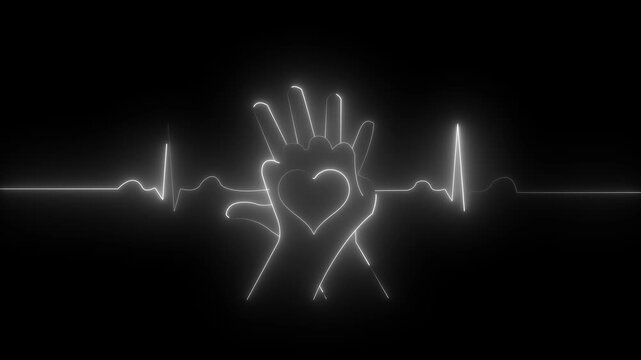 Neon heartbeat ekg line with hands symbolizing life support and medical care healthcare