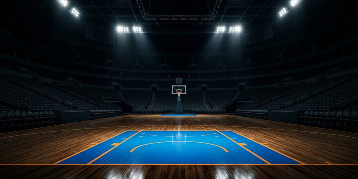 A dimly lit indoor basketball court with a blue and orange court markings and a hoop under bright overhead lights in an empty stadium.