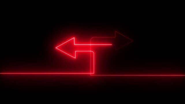 Neon red glowing arrows pointing in opposite directions, abstract directional signage motion