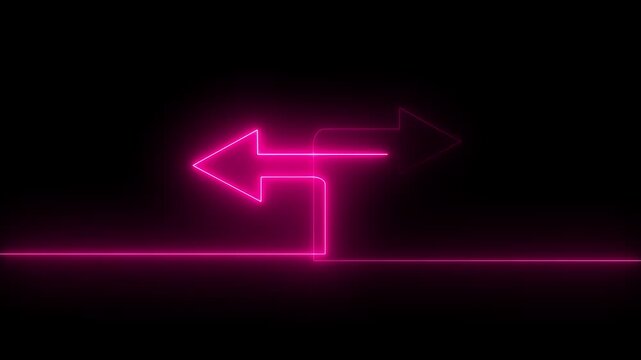 Neon pink glowing arrows pointing left and right on black background, minimalist directional signage animation for navigation and decision making concepts