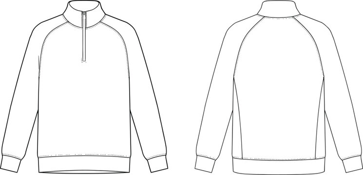 Technical fashion flat sketch of a long sleeve quarter zip sweatshirt with raglan sleeves and ribbing for design