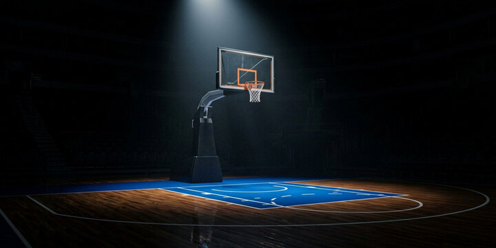 A dimly lit basketball court with a single spotlight shining on the hoop and a blue court with white markings.