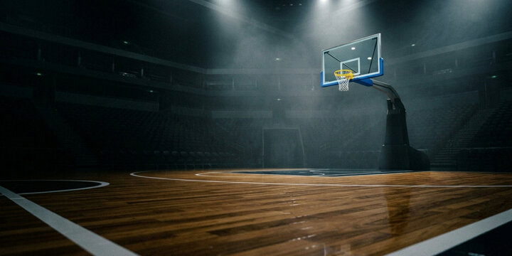 A dimly lit basketball court with a hoop and wooden floor, illuminated by spotlights in a darkened indoor arena with a sleek, modern aesthetic.