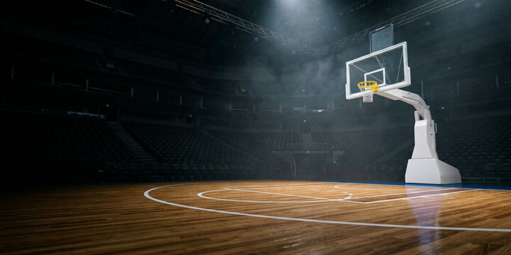 A basketball hoop stands on a wooden court with white lines in a darkened indoor arena with spotlights shining down.