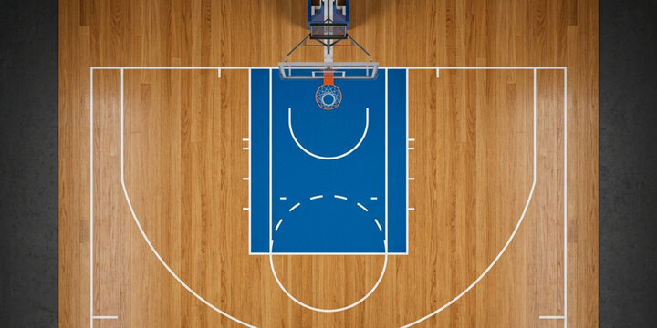 Overhead view of a blue basketball court with white lines on a wooden floor, showcasing a typical court layout with key markings and zones.