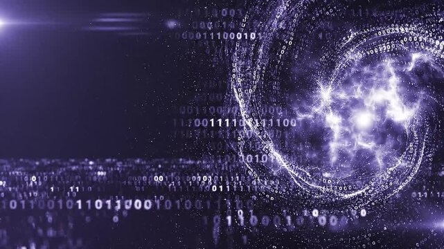 Digital binary code stream with swirling data vortex in dark cyberspace