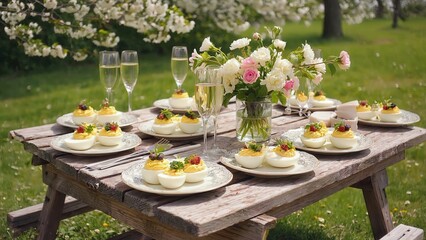Fototapeta premium Rustic outdoor table set with deviled eggs