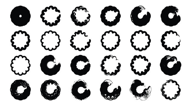 Black and white vector set of eggs and gear icons with circular patterns and simple design elements