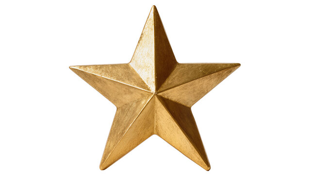 Golden five-pointed star ornament with textured surface, isolated on transparent background