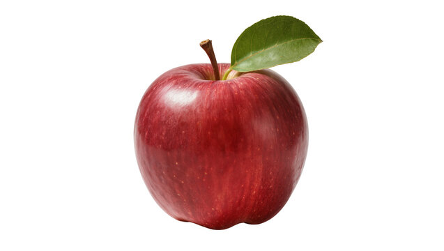 Red apple with stem and green leaf