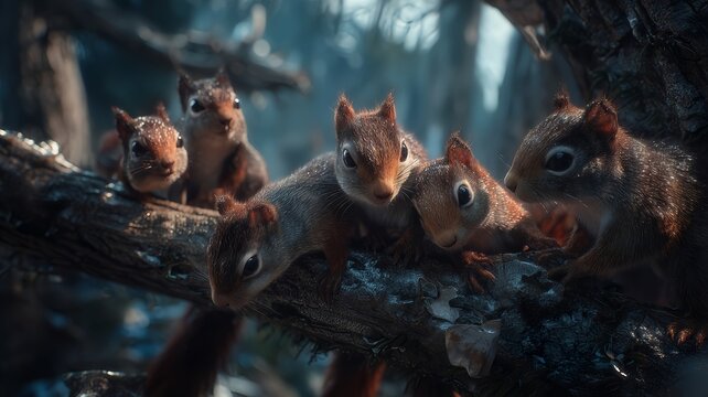 A family of squirrels on a tree branch. Illustration on the theme of animals and the natural world.
