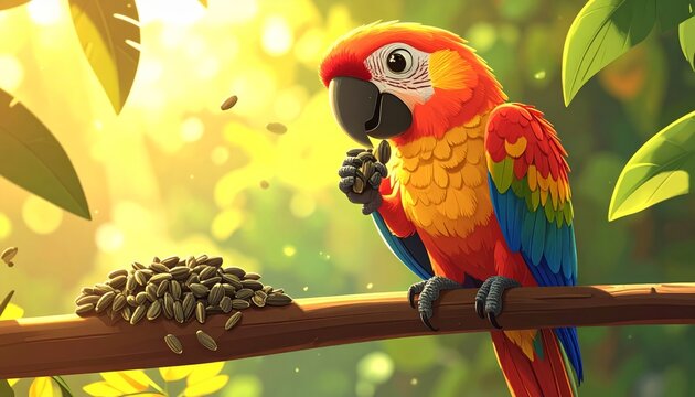 Vibrant parrot perched on branch eating seeds.