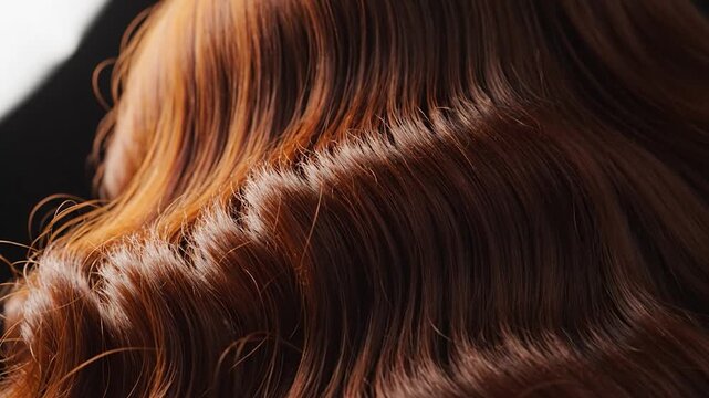 Close up of long wavy brown hair with copper highlights and healthy shine