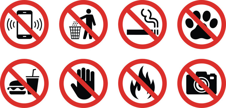 No smoking, Prohibited signs icon set, no smoking, no cell phone, no pets, no littering, no fire, no photography and warning symbols.