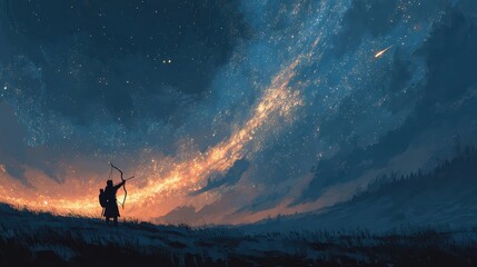 Fototapeta premium Night Sky with Archer Under Stars and Comet in Dramatic Landscape