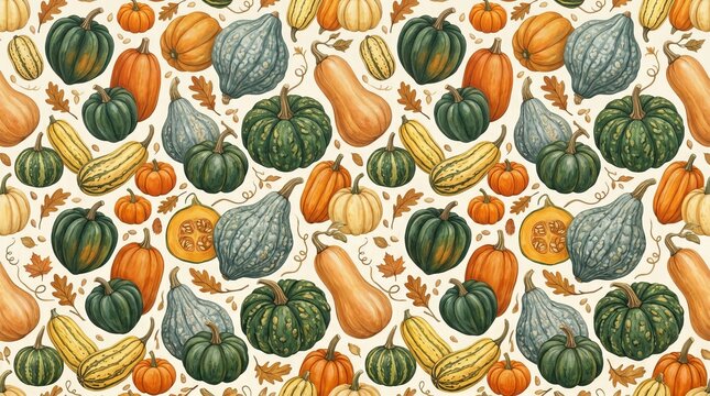 Vibrant autumn harvest pattern featuring diverse pumpkins and gourds with fallen leaves