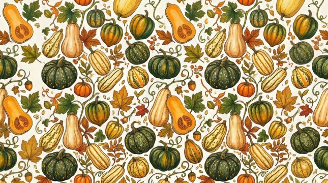 Vibrant autumn harvest pattern featuring diverse gourds and fall leaves