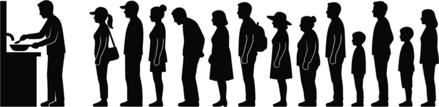 Set of People Standing in Queue Line at Counter Black Silhouette Vector Illustration on White Background