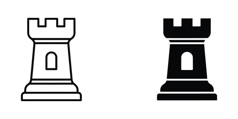 Chess Rook Icons Set in Outline and Solid Black Styles for Strategy and Game Design © MSTRahima