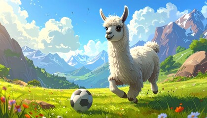 Obraz premium A white llama playing with a soccer ball in a beautiful green meadow.