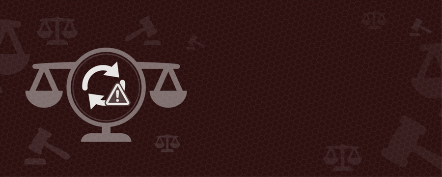 This conceptual graphic features a scales of justice icon with a warning symbol and a refresh arrow, providing ample copy space for legal content and complex regulatory law updates.