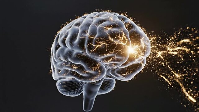 3D Animated Synthetic Human Brain Model With Glowing Golden Neural Mesh Against Dark Background Representing Advanced Neuroscience Technology
