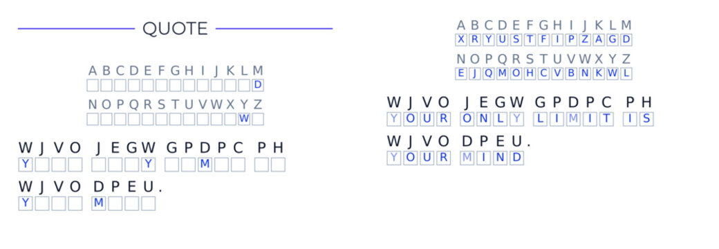 Brain teaser cryptogram worksheet with inspirational quote template "Your only limit is your mind": Scripted Content Minimalist Printable Substitution Cipher Activity Page with Secret Code Decoder and