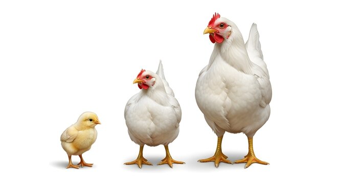 Chicken growth stages chick pullet and mature hen isolated on white
