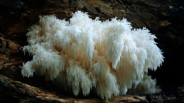 Close up photo of white coral tooth fungus hericium coralloides growing on decaying wood in forest.