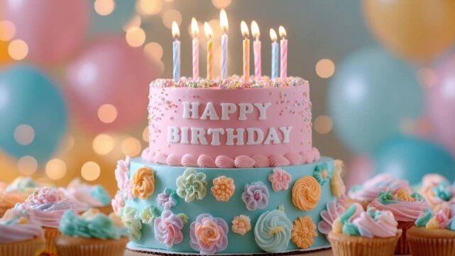 Colorful birthday cake with lit candles and matching pastel cupcakes decorated with floral frosting against festive blurred balloon background