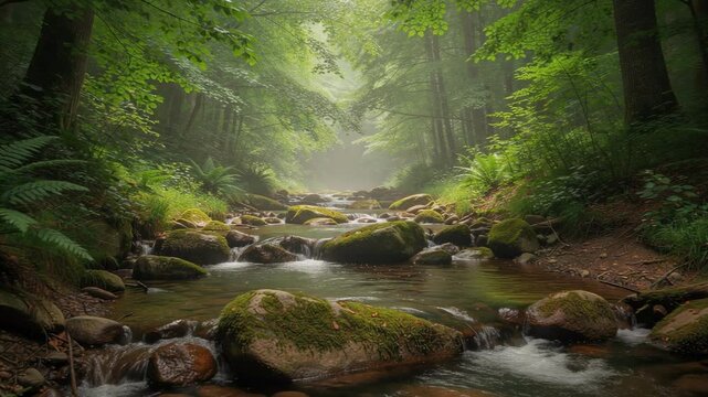 Serene misty forest stream with gentle flowing water over moss in peaceful natural landscape