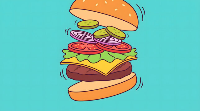 Rainbow pride hamburger illustration with exploding layers on blue background