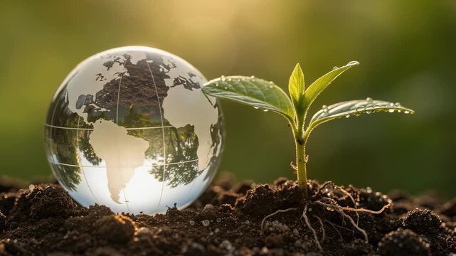 Serene vibrant plant growing beside a glowing glass globe symbolizing nature and global growth