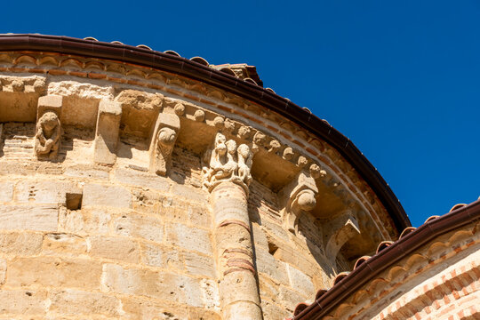 Romanesque-Mudejar Architectural Detail of Carved Brick Corbels Supporting the Eaves of the Church of San Gervasio y San Protasio from the 13th Century, Located in Santervas de Campos, Valladolid, Cas