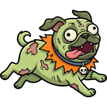 A cartoon zombie dog is running with a skull collar on its neck.