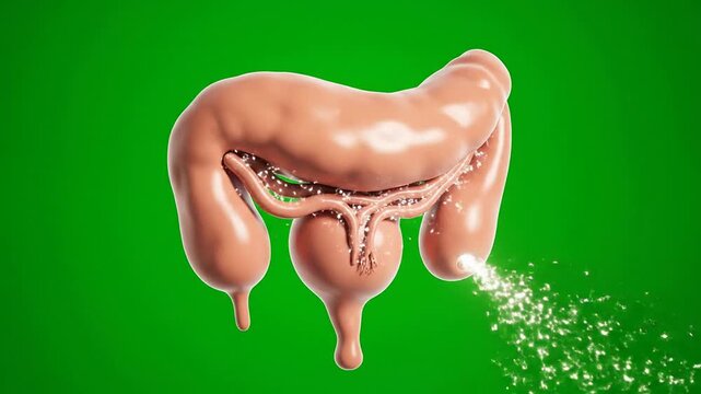 3D CGI Animation Of Pancreas Function With Anatomical Detail On Green Screen Background For Medical Education