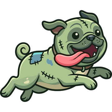 A cartoon zombie dog with stitches runs quickly on a sunny day outside.