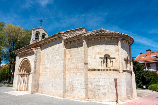 Exterior view of the semicircular apse and main portal of the 12th-century Romanesque Church of San Juan ante Portam Latinam in Arroyo de la Encomienda, Valladolid, Castilla y Leon, Spain