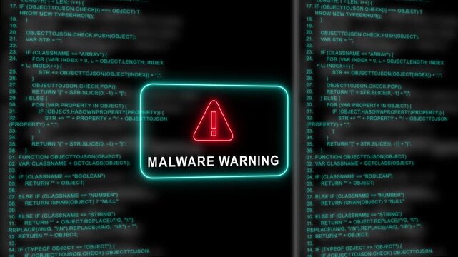 Red Exclamation Mark Warning Symbol malware warning Neon Sign on cyan Digital Code - 4k black background icon animation with Glitch Effect