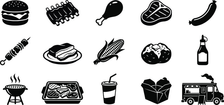 Barbecue Food Truck Menu Silhouette Icons, BBQ Ribs Steak Grill Vector