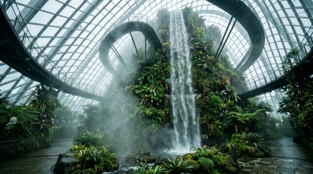Stunning View of the Cloud Forest Dome at Gardens by the Bay in Singapore, Featuring a Tall Artificial Waterfall Cascading Down a Lush Green Mountain Inside a Glass Conservatory Structure