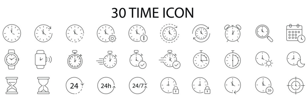 Time icons set representing clock, schedule, deadline, timer, calendar, productivity, time management and planning concepts. Editable Stroke
