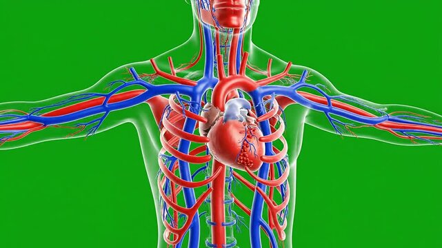 3D CGI Medical Animation of Human Circulatory System with Heart and Vessels on Green Screen for Easy Keying and Compositing