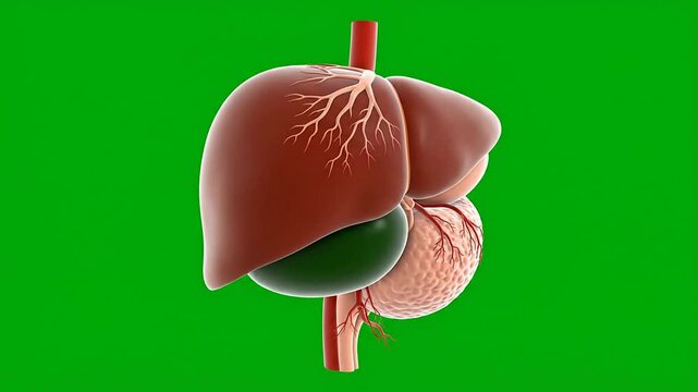 3D CGI Medical Animation of Liver, Gallbladder, and Pancreas Against Green Screen Background for Healthcare and Educational Use