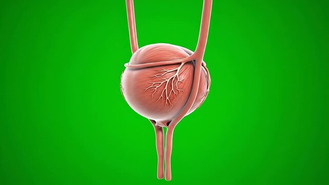 3D CGI Medical Animation of Urinary Bladder Anatomy Against Green Background Highlighting Structure and Function for Healthcare Education